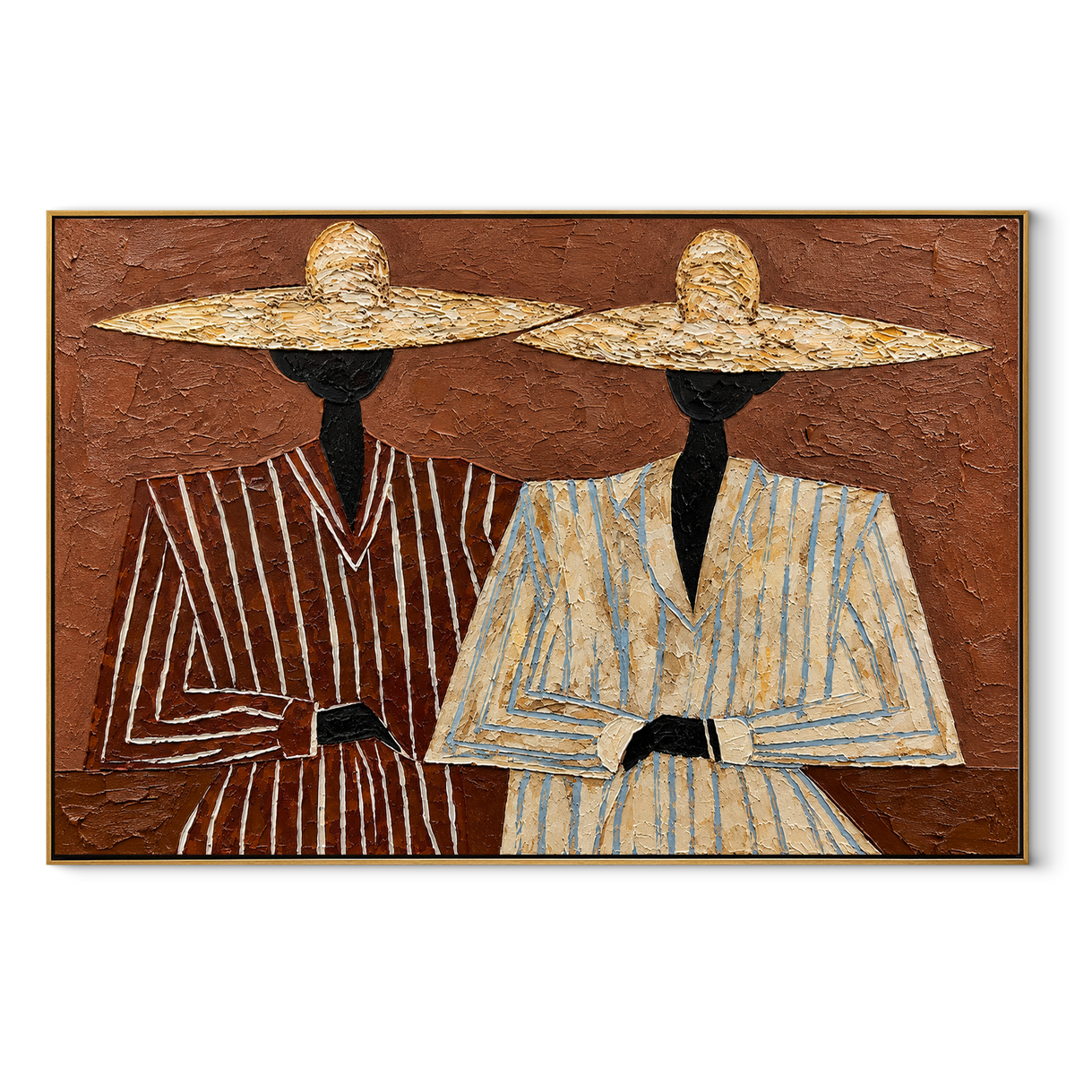 Straw Hats Meet Terra - twin straw-hat figures painting, modern figurative horizontal textured wall art - wood frame on white background