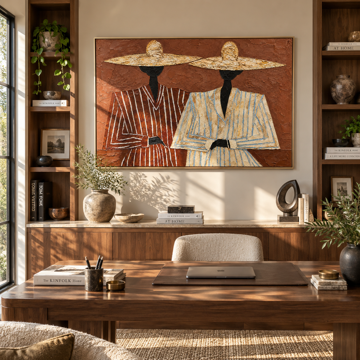 Straw Hats Meet Terra - twin straw-hat figures painting, modern figurative horizontal textured wall art - displayed over a dining sideboard