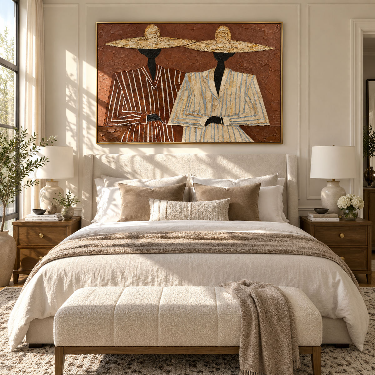 Straw Hats Meet Terra - twin straw-hat figures painting, modern figurative horizontal textured wall art - displayed in a creative home office