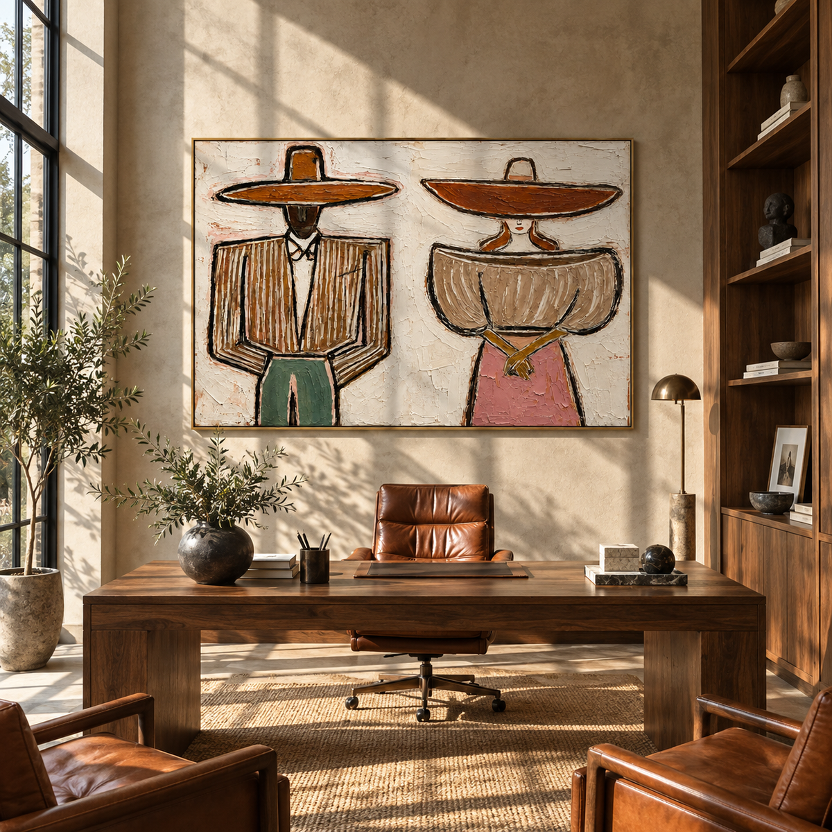 Two Hats Divide the Morning - paired modern folk figures painting, modern figurative horizontal textured wall art - displayed above a pale living room sofa