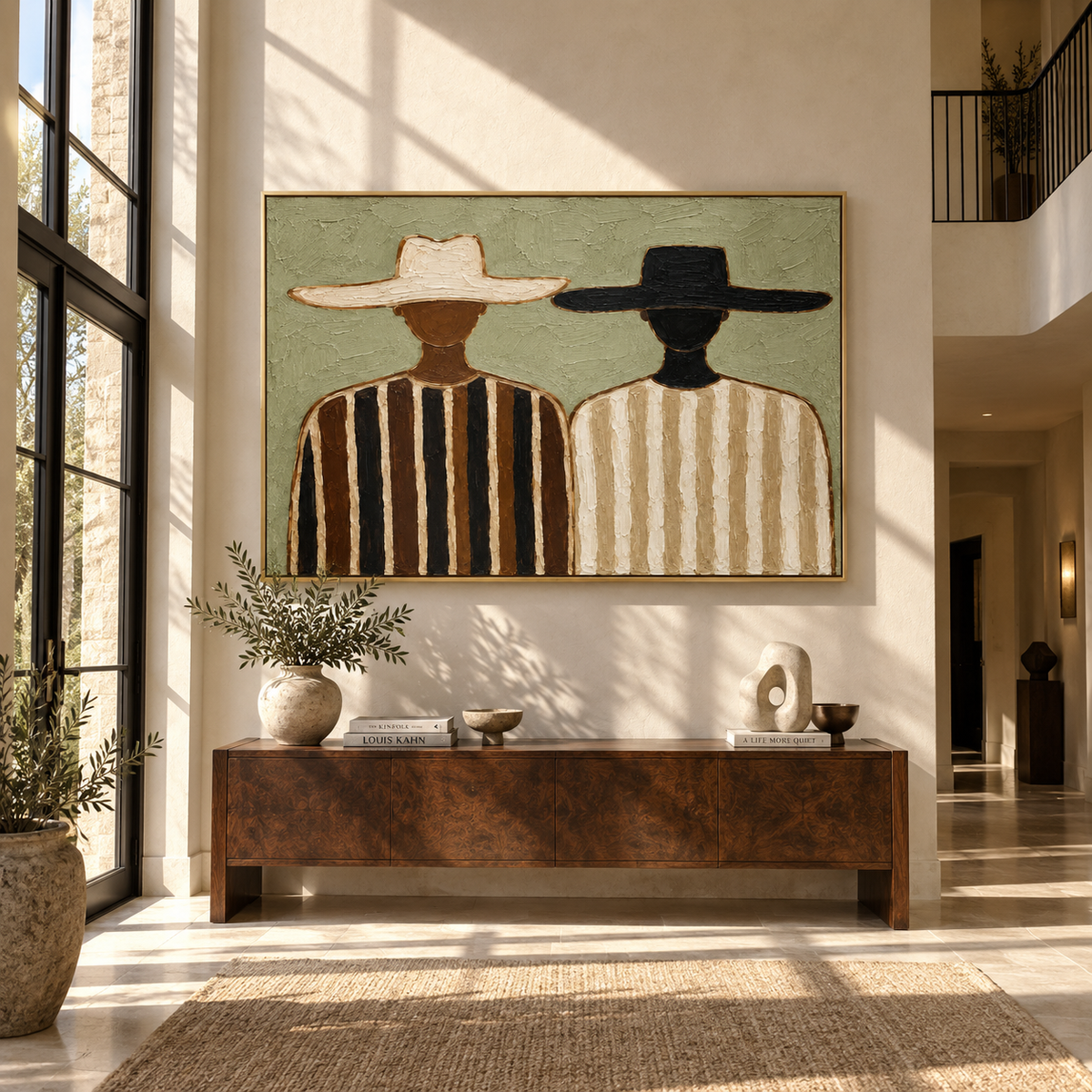 Ivory and Ink Stand Together - two striped figures painting, modern figurative horizontal textured wall art - displayed above a green-accented sofa