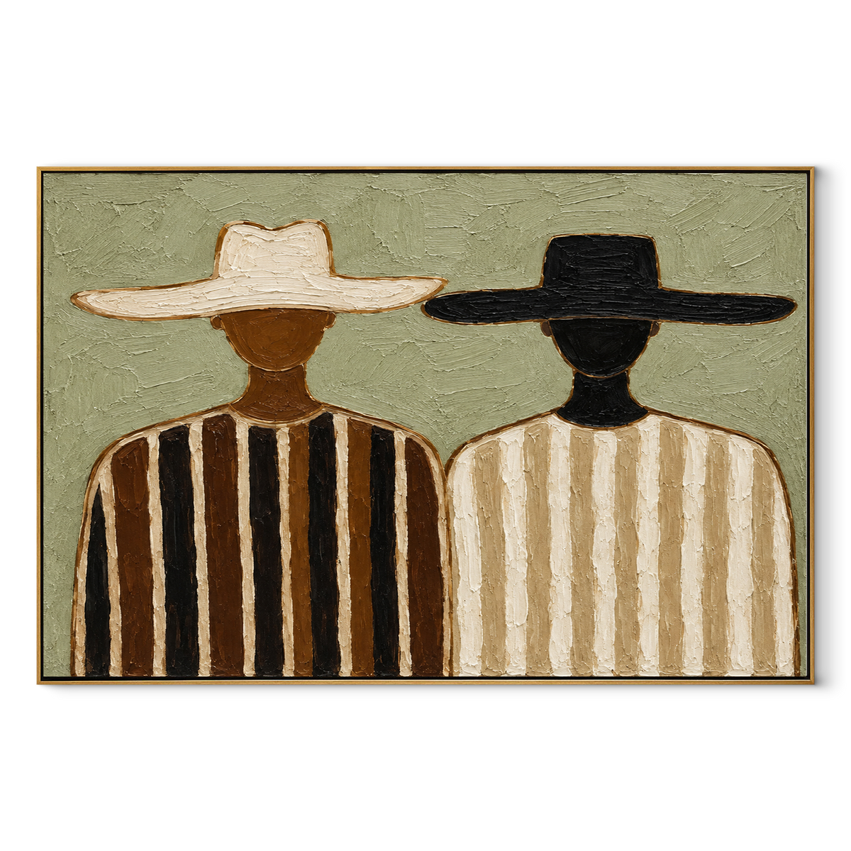Ivory and Ink Stand Together - two striped figures painting, modern figurative horizontal textured wall art - wood frame on white background