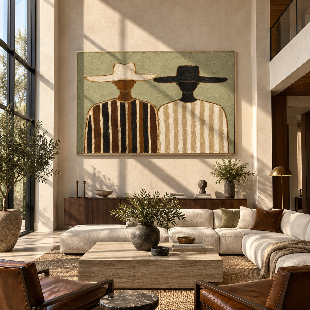 Ivory and Ink Stand Together - two striped figures painting, modern figurative horizontal textured wall art - displayed over a dining credenza