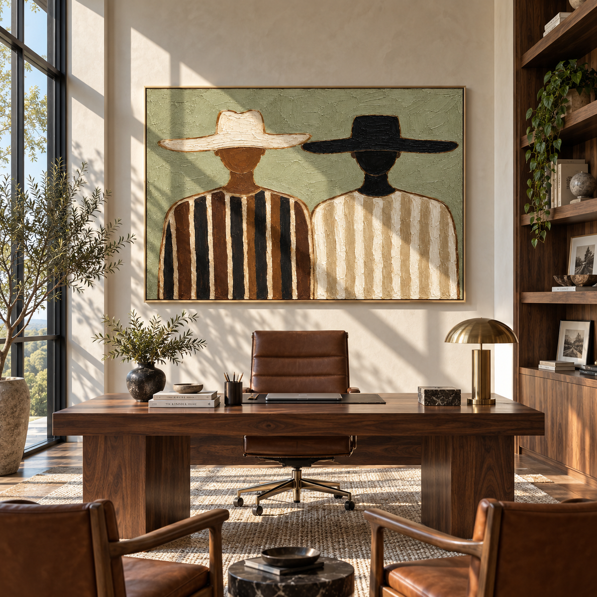 Ivory and Ink Stand Together - two striped figures painting, modern figurative horizontal textured wall art - displayed in a composed home office