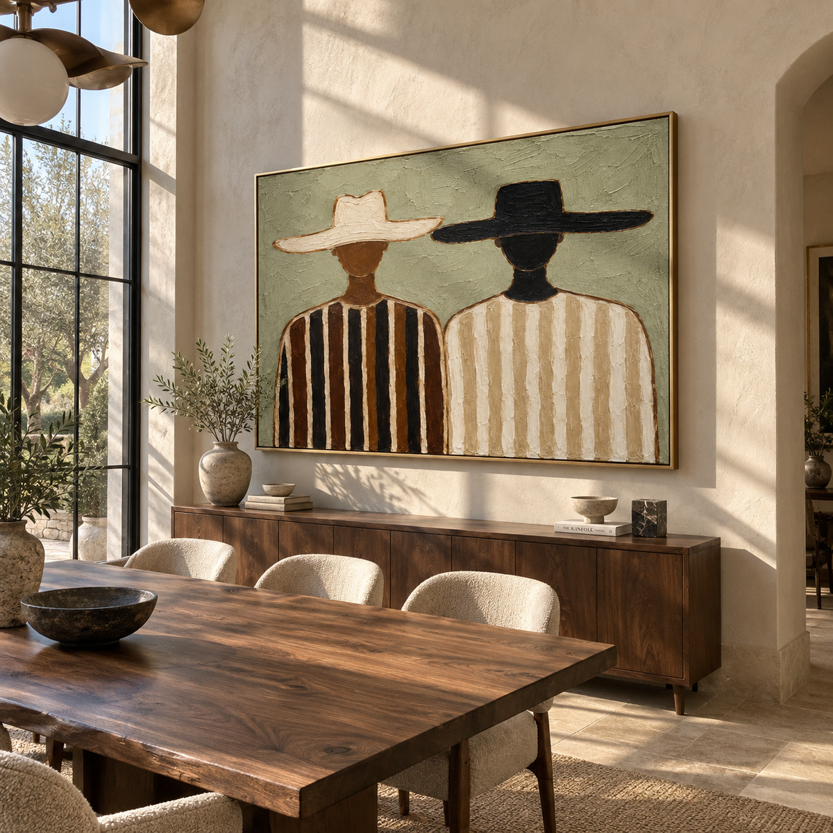 Ivory and Ink Stand Together - two striped figures painting, modern figurative horizontal textured wall art - displayed above a black console