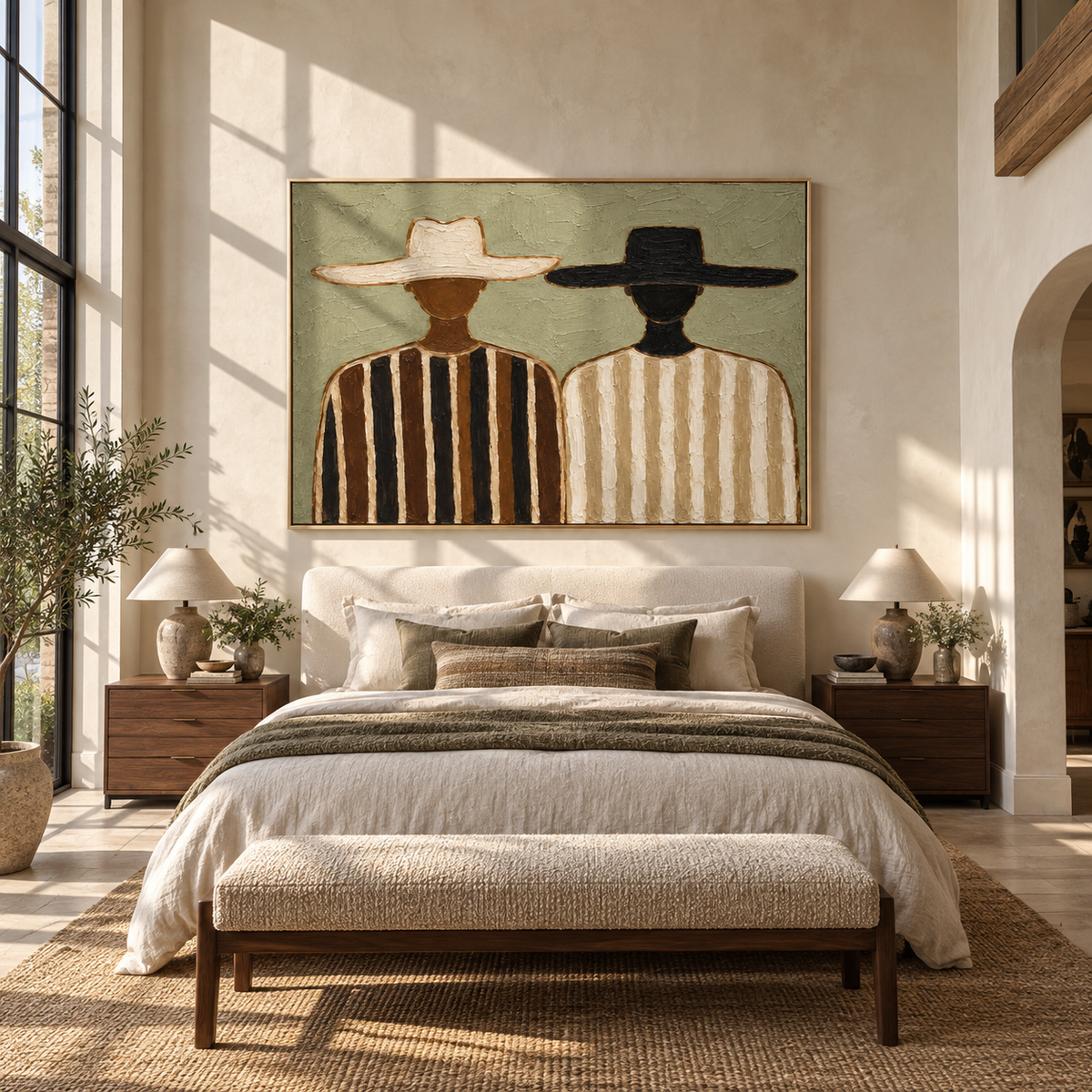 Ivory and Ink Stand Together - two striped figures painting, modern figurative horizontal textured wall art - displayed across a quiet hotel lounge