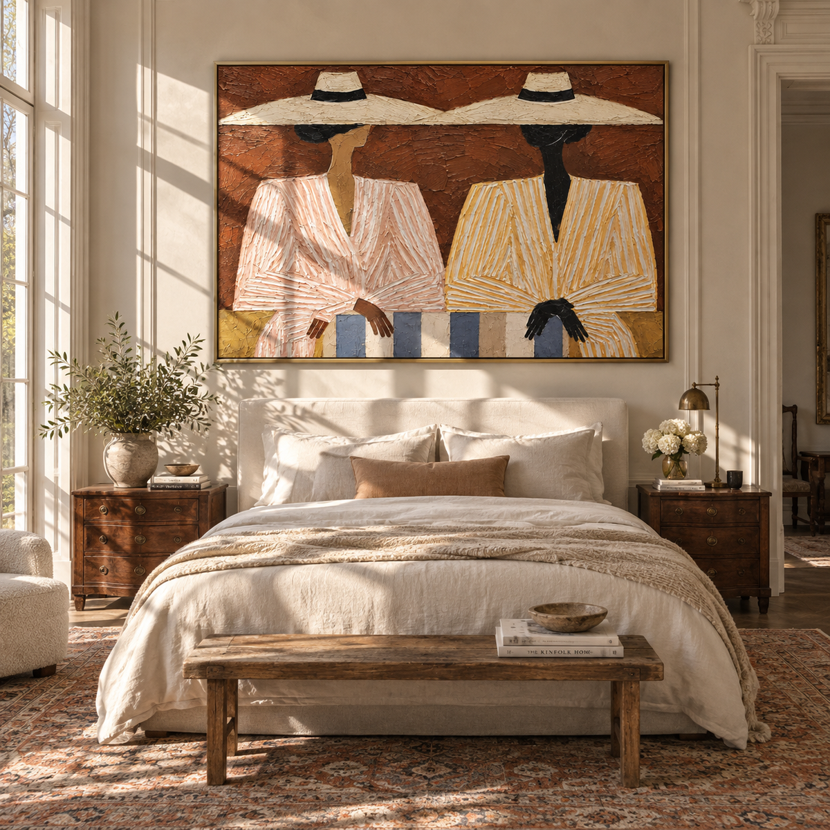 Pale Brims Cross Terra - twin striped fashion figures painting, modern figurative horizontal textured wall art - displayed above a colorful living room sofa