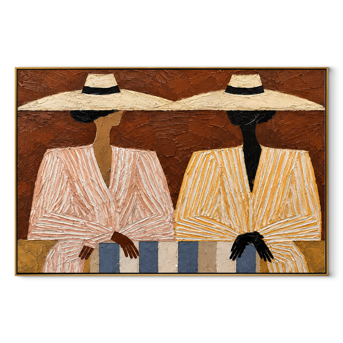 Pale Brims Cross Terra - twin striped fashion figures painting, modern figurative horizontal textured wall art - wood frame on white background