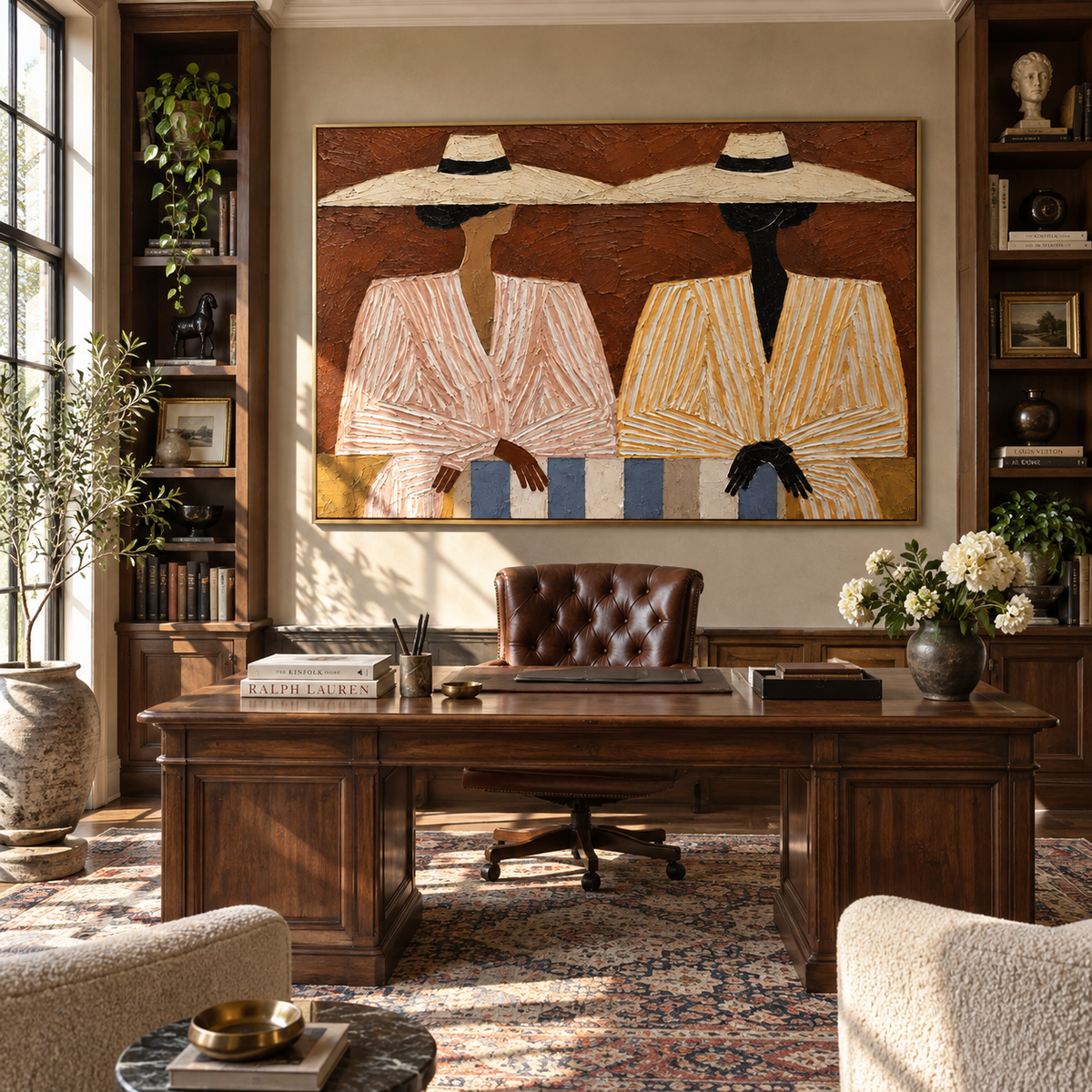 Pale Brims Cross Terra - twin striped fashion figures painting, modern figurative horizontal textured wall art - displayed along a welcoming entryway