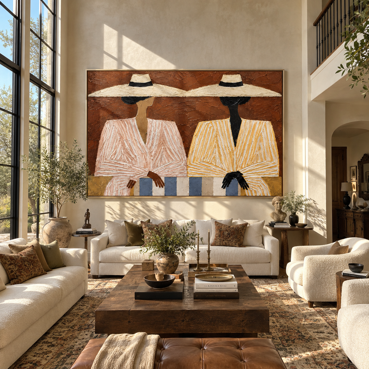 Pale Brims Cross Terra - twin striped fashion figures painting, modern figurative horizontal textured wall art - displayed in a fashion-forward lounge