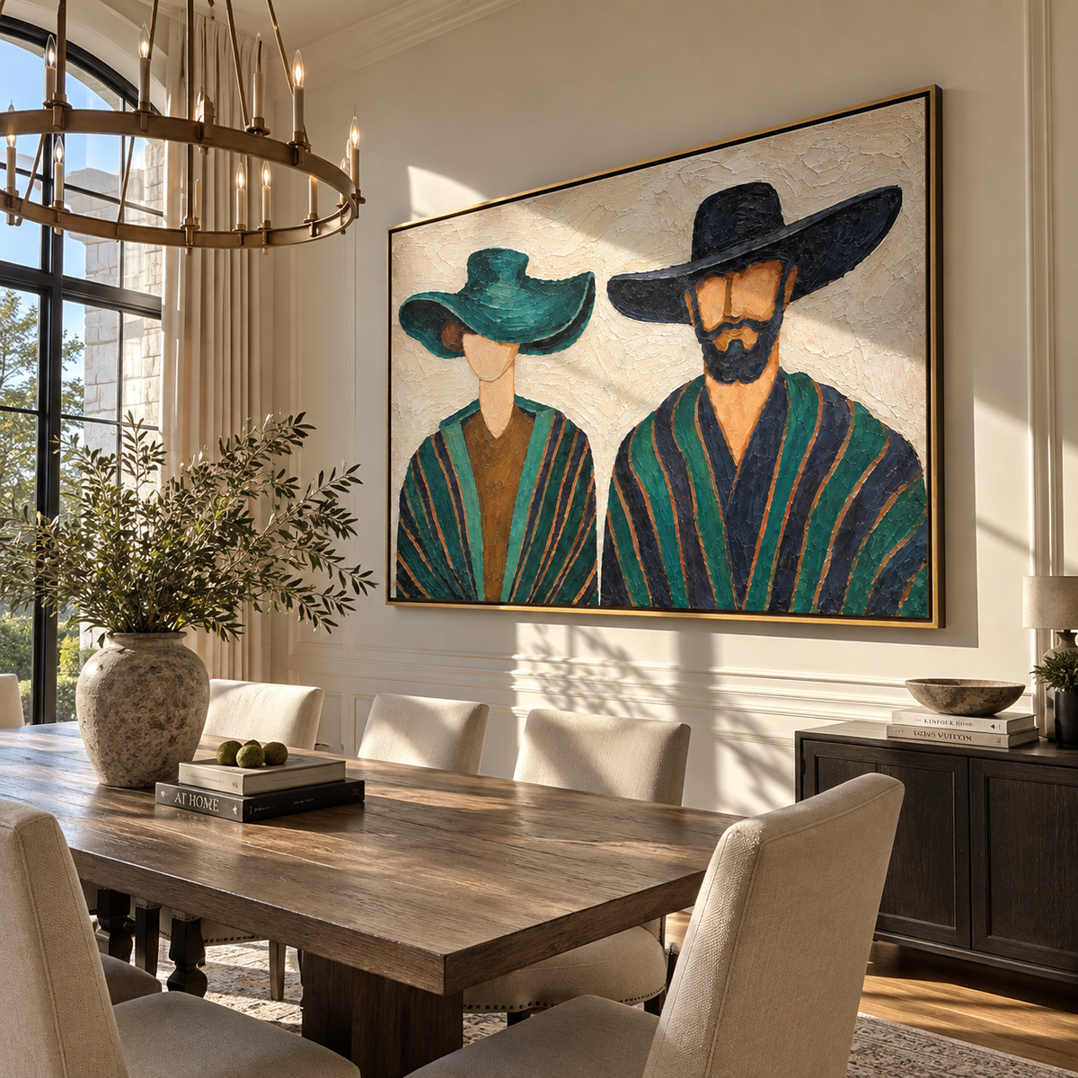Teal Brim, Midnight Brim - paired wide-hat figures painting, modern figurative horizontal textured wall art - displayed over a dark dining sideboard