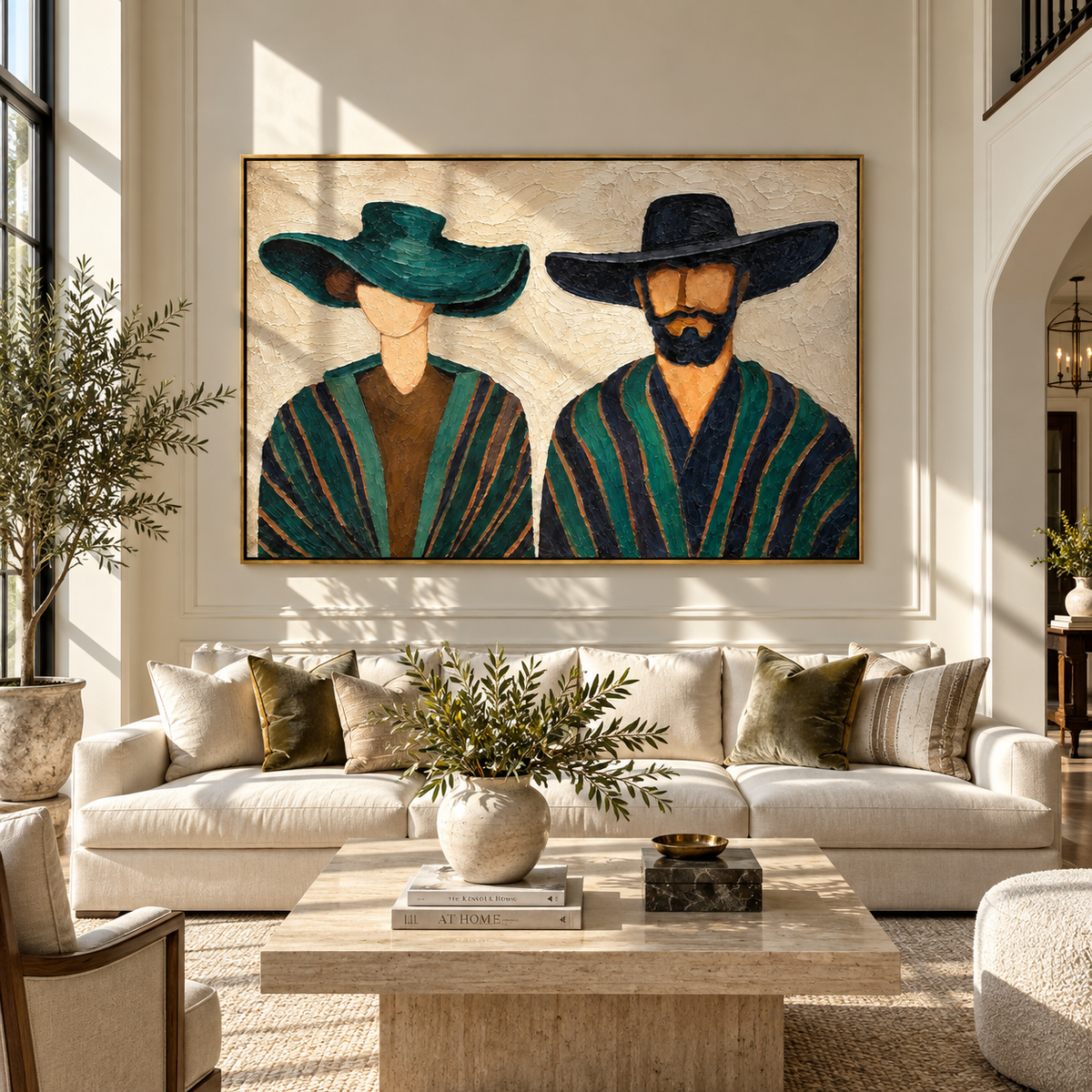 Teal Brim, Midnight Brim - paired wide-hat figures painting, modern figurative horizontal textured wall art - displayed in a boutique hotel lounge