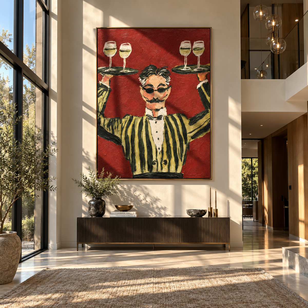 Four Glasses Hold the Evening - waiter balancing wine trays painting, modern figurative vertical textured wall art - displayed beside a dining sideboard