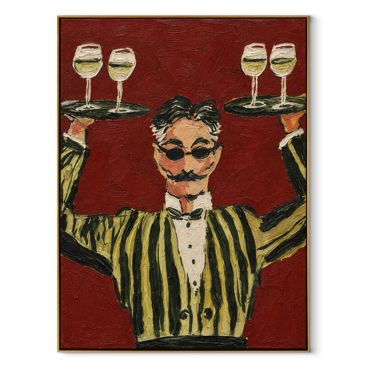 Four Glasses Hold the Evening - waiter balancing wine trays painting, modern figurative vertical textured wall art - wood frame on white background