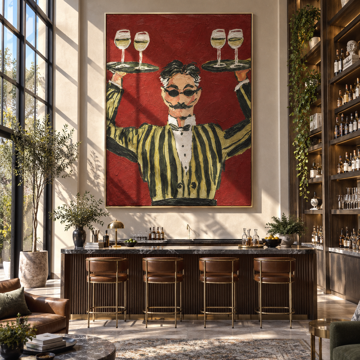 Four Glasses Hold the Evening - waiter balancing wine trays painting, modern figurative vertical textured wall art - displayed along a boutique hotel corridor