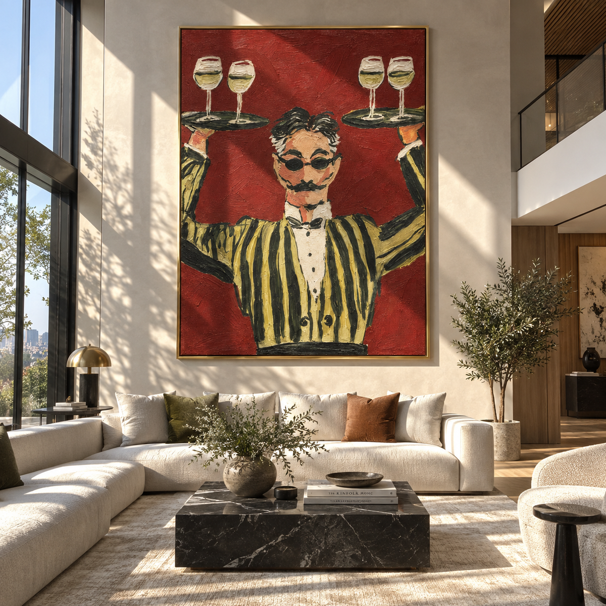 Four Glasses Hold the Evening - waiter balancing wine trays painting, modern figurative vertical textured wall art - displayed in a dramatic dining room