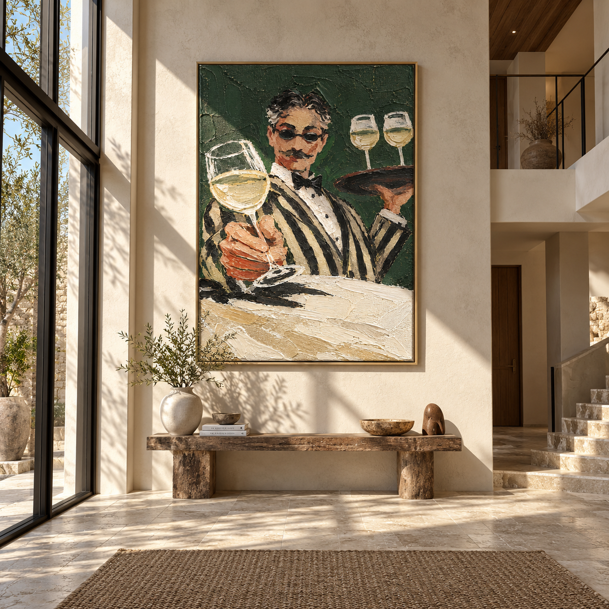The Sommelier's Welcome - waiter presenting wine painting, modern figurative vertical textured wall art - displayed beside a dining table