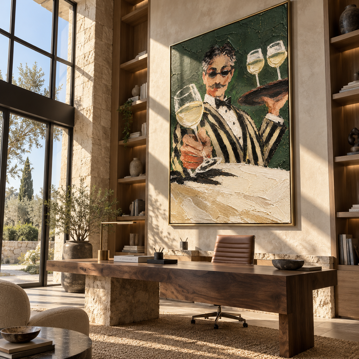 The Sommelier's Welcome - waiter presenting wine painting, modern figurative vertical textured wall art - displayed along a hotel corridor