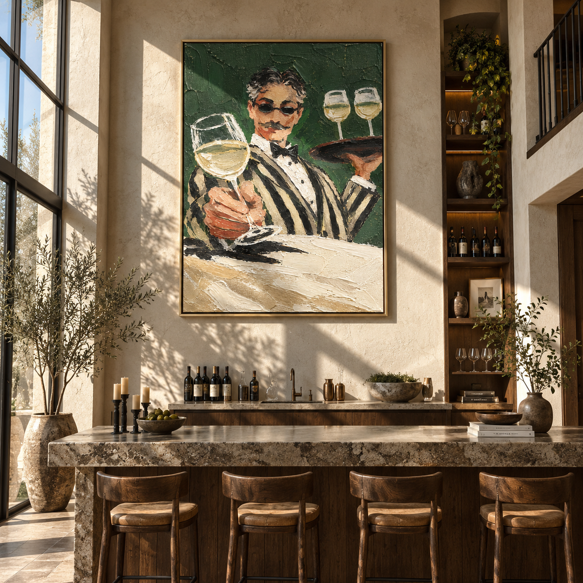 The Sommelier's Welcome - waiter presenting wine painting, modern figurative vertical textured wall art - displayed in an intimate restaurant lounge