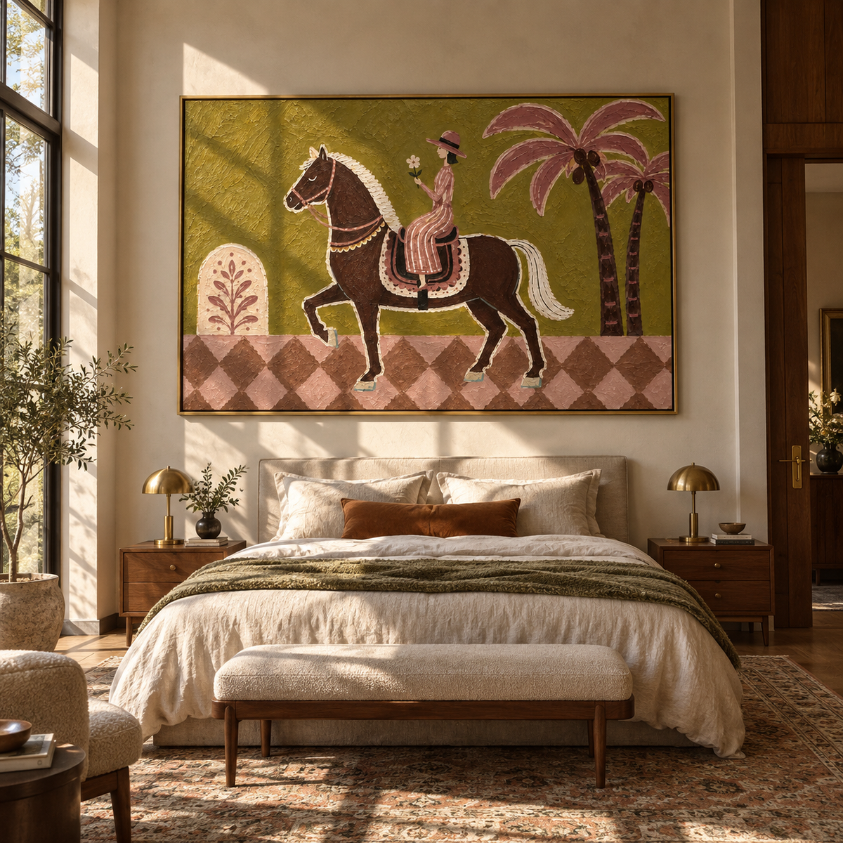 Palm Road at Dusk - modern folk horse rider painting, modern figurative horizontal textured wall art - displayed above a relaxed living room sofa