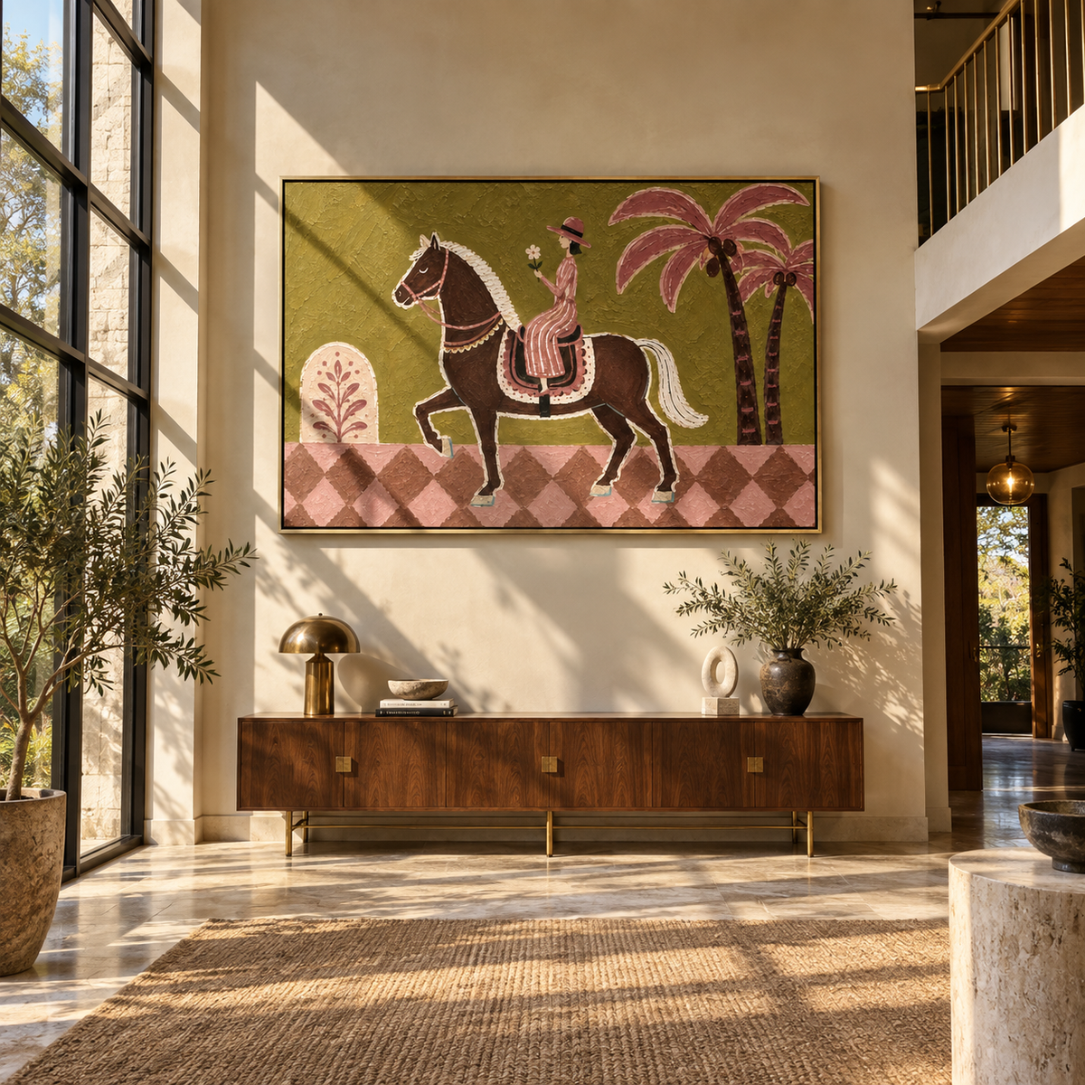 Palm Road at Dusk - modern folk horse rider painting, modern figurative horizontal textured wall art - displayed over a bedroom dresser