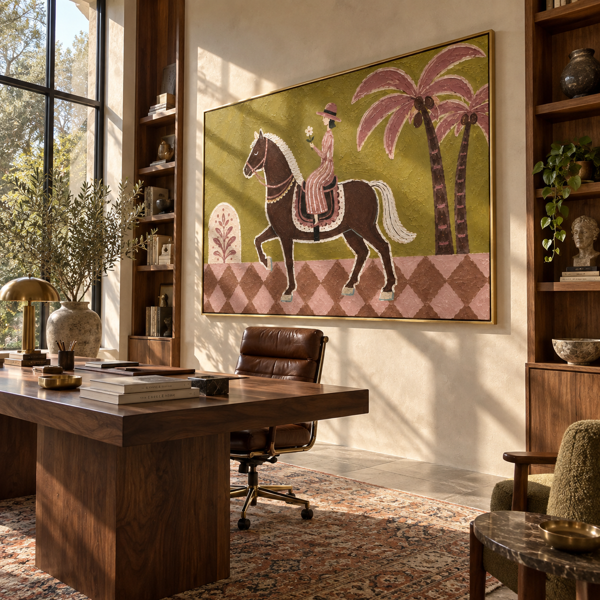 Palm Road at Dusk - modern folk horse rider painting, modern figurative horizontal textured wall art - displayed above a dark wood console