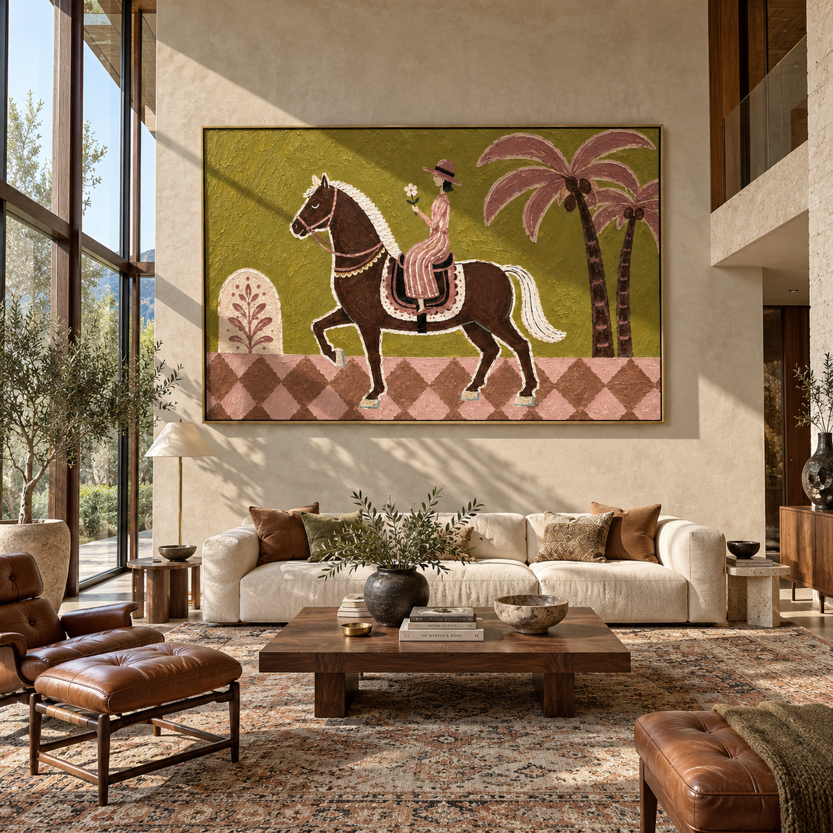 Palm Road at Dusk - modern folk horse rider painting, modern figurative horizontal textured wall art - displayed across a quiet lounge wall