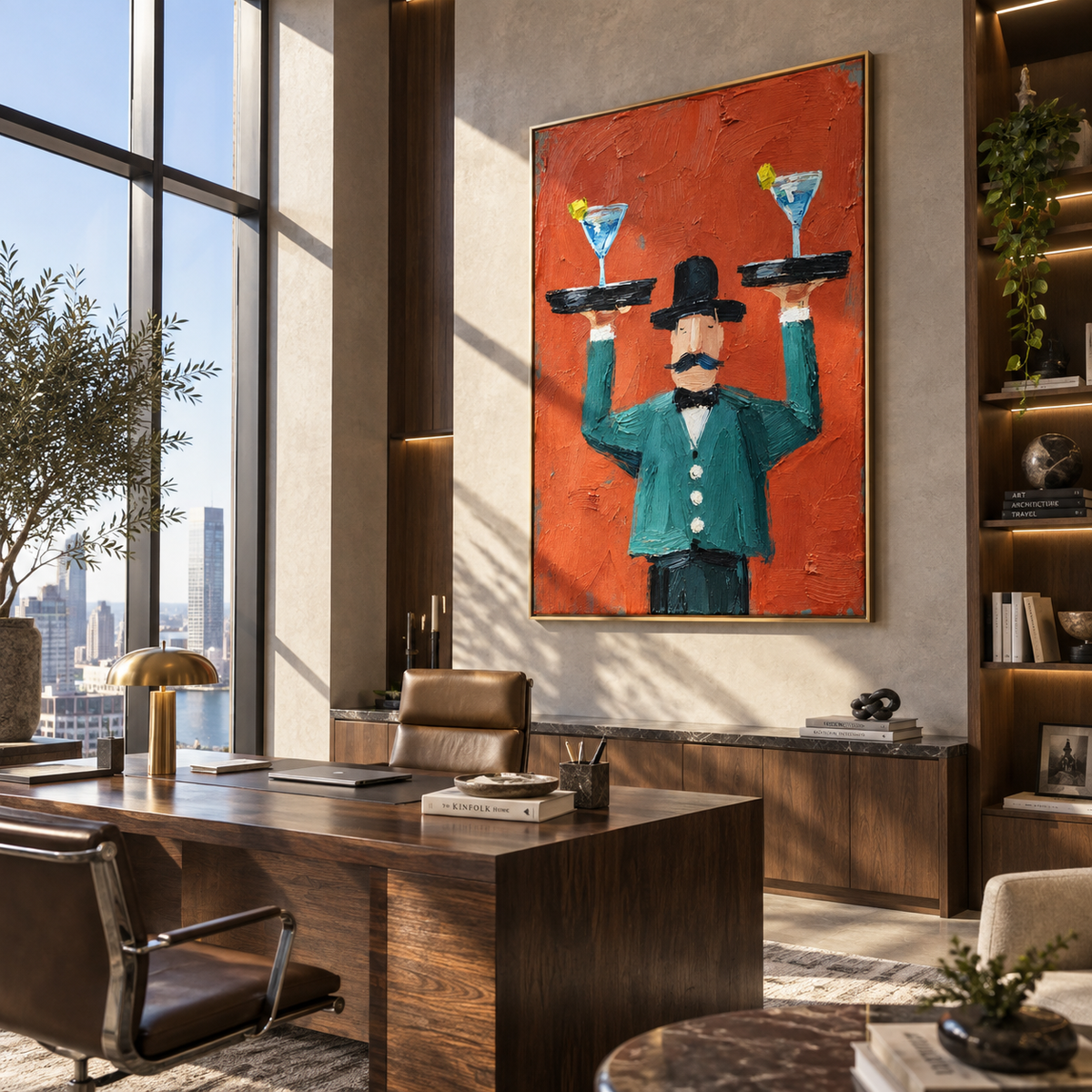 Blue Martinis Above Coral - waiter balancing martini trays painting, modern figurative vertical textured wall art - displayed beside a dining sideboard