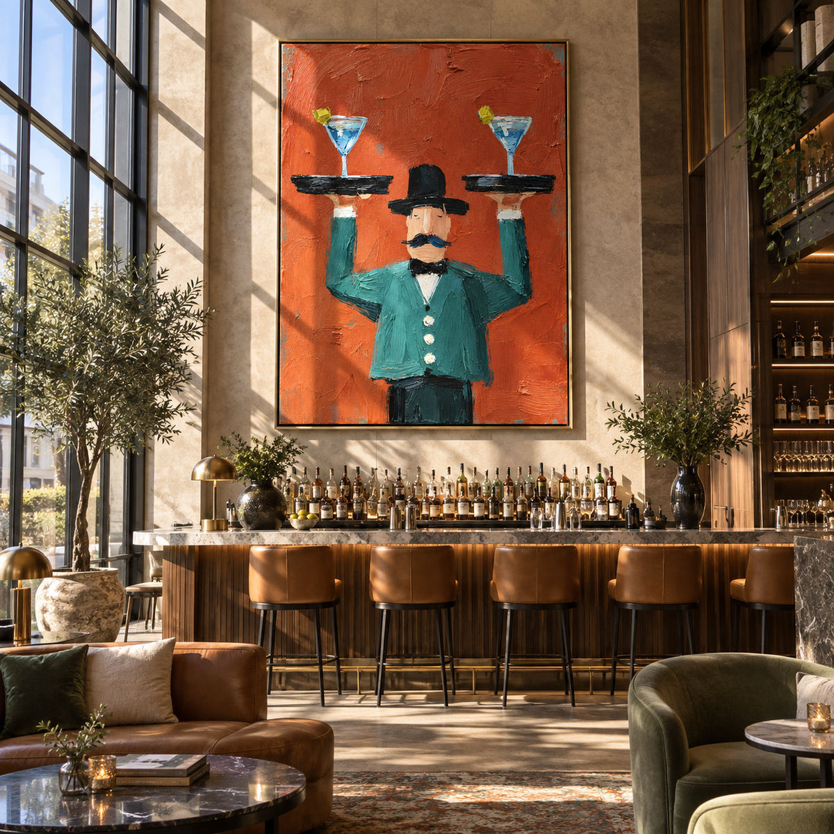 Blue Martinis Above Coral - waiter balancing martini trays painting, modern figurative vertical textured wall art - displayed along a boutique hotel bar