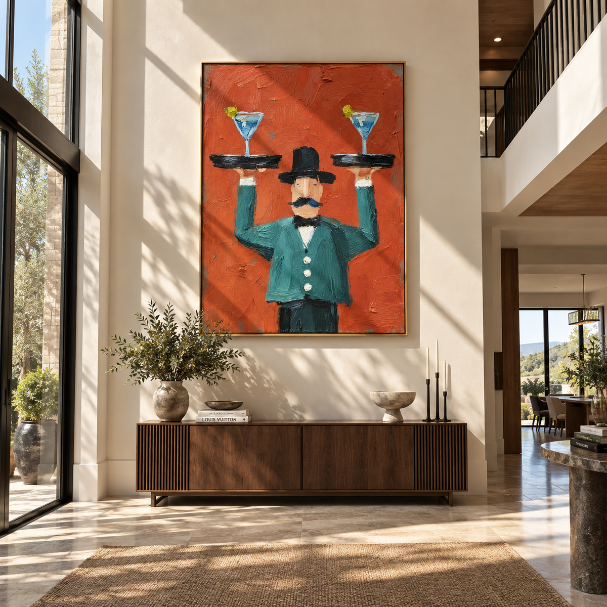 Blue Martinis Above Coral - waiter balancing martini trays painting, modern figurative vertical textured wall art - displayed above a narrow cocktail console
