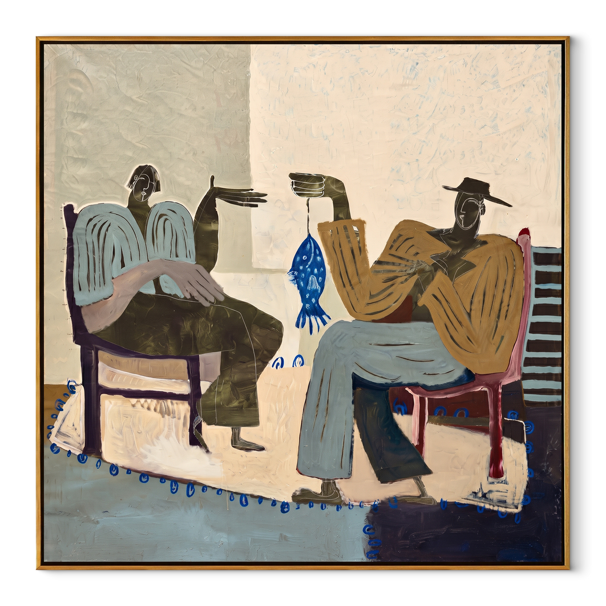 The Blue Fish Between Us - two seated folk figures painting, modern figurative square textured wall art - wood frame on white background