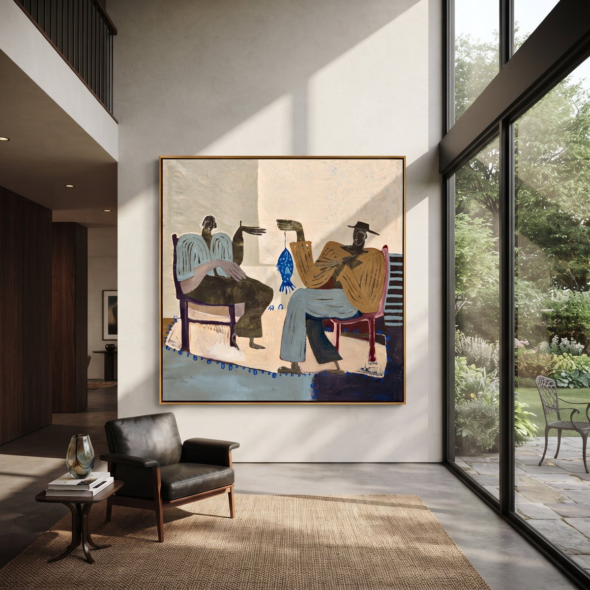 The Blue Fish Between Us - two seated folk figures painting, modern figurative square textured wall art - displayed above a pale sofa