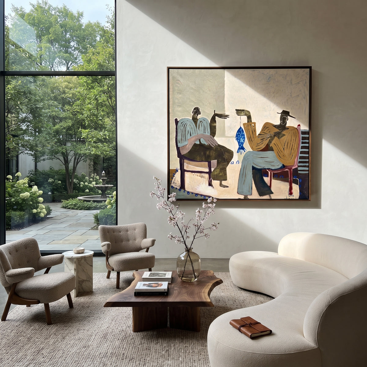 The Blue Fish Between Us - two seated folk figures painting, modern figurative square textured wall art - displayed in a collected hotel lounge