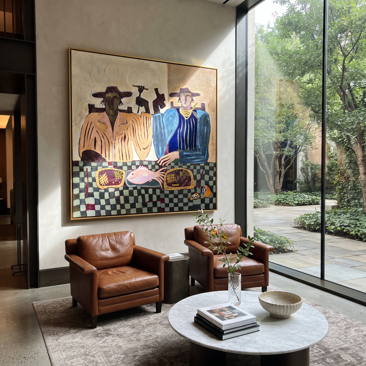 Two Brims Set the Table - cowboy dinner companions painting, modern figurative square textured wall art - displayed above a dining sideboard