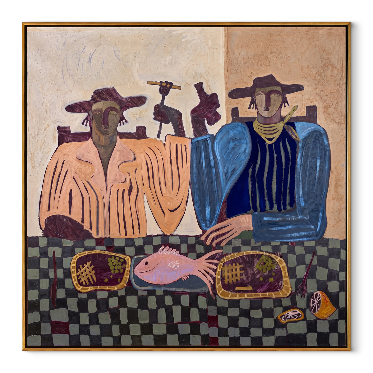 Two Brims Set the Table - cowboy dinner companions painting, modern figurative square textured wall art - wood frame on white background