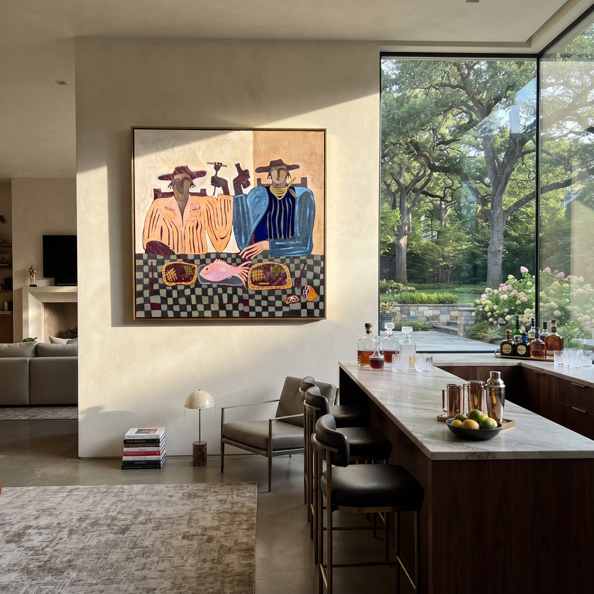 Two Brims Set the Table - cowboy dinner companions painting, modern figurative square textured wall art - displayed over a living room console