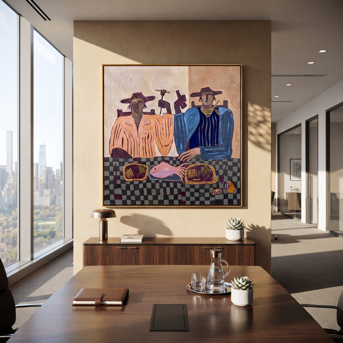 Two Brims Set the Table - cowboy dinner companions painting, modern figurative square textured wall art - displayed above a breakfast nook bench