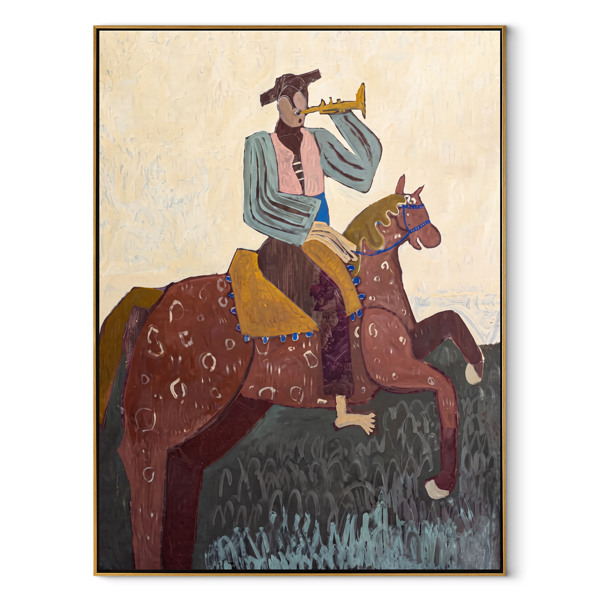 The Brass Call Rides High - cowboy trumpeter on horse painting, modern figurative vertical textured wall art - wood frame on white background