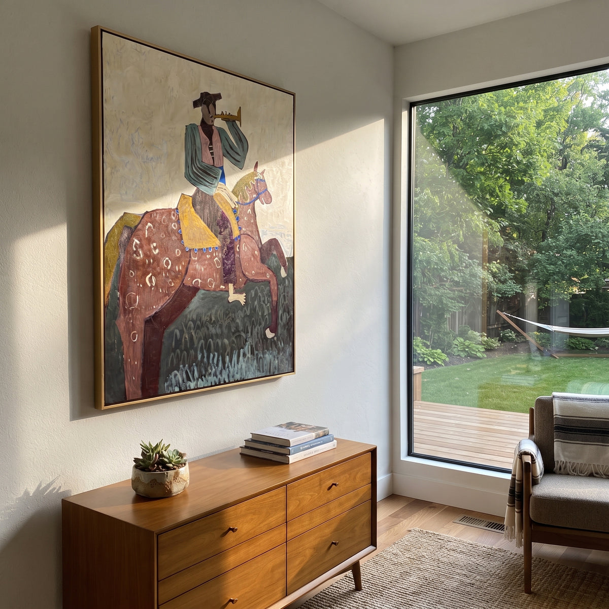 The Brass Call Rides High - cowboy trumpeter on horse painting, modern figurative vertical textured wall art - displayed above a narrow living room console