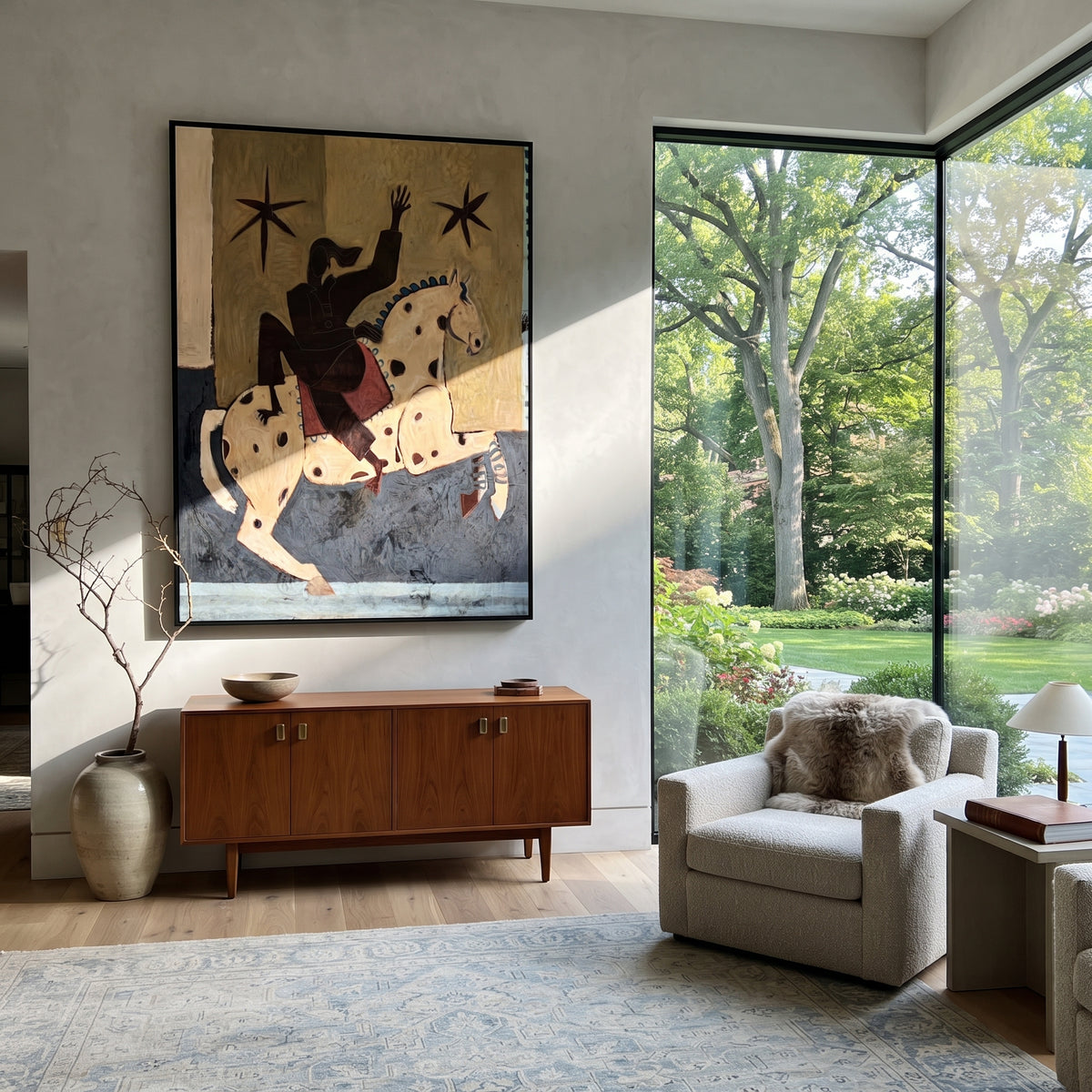 Stars Answer the Raised Hand - rider on spotted white horse painting, modern figurative vertical textured wall art - displayed in a welcoming entryway