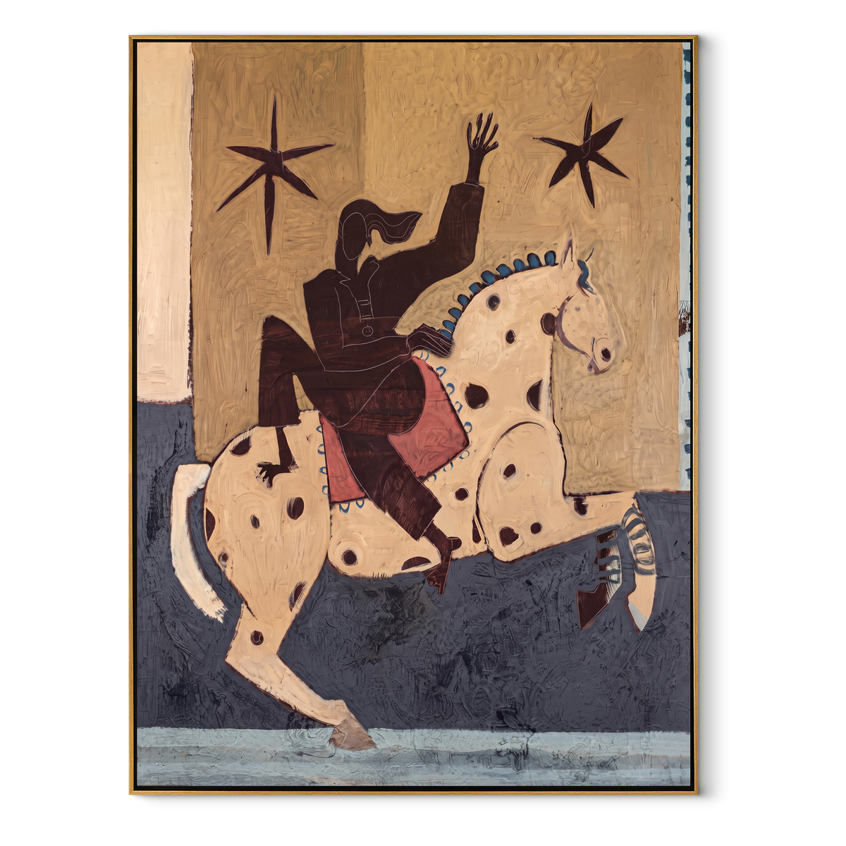 Stars Answer the Raised Hand - rider on spotted white horse painting, modern figurative vertical textured wall art - wood frame on white background