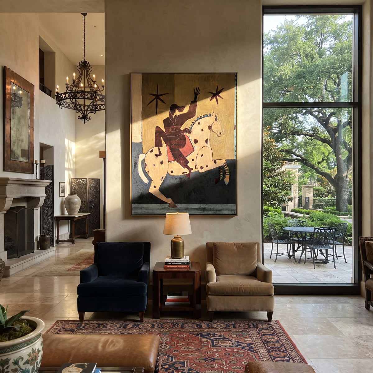 Stars Answer the Raised Hand - rider on spotted white horse painting, modern figurative vertical textured wall art - displayed above a narrow console