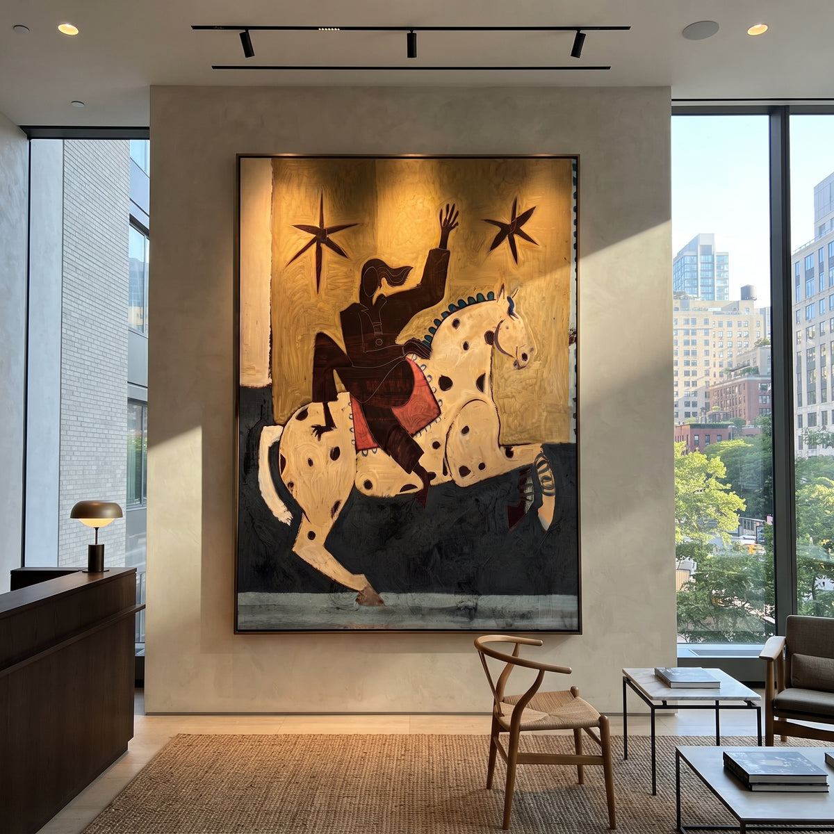 Stars Answer the Raised Hand - rider on spotted white horse painting, modern figurative vertical textured wall art - displayed over a small living room cabinet
