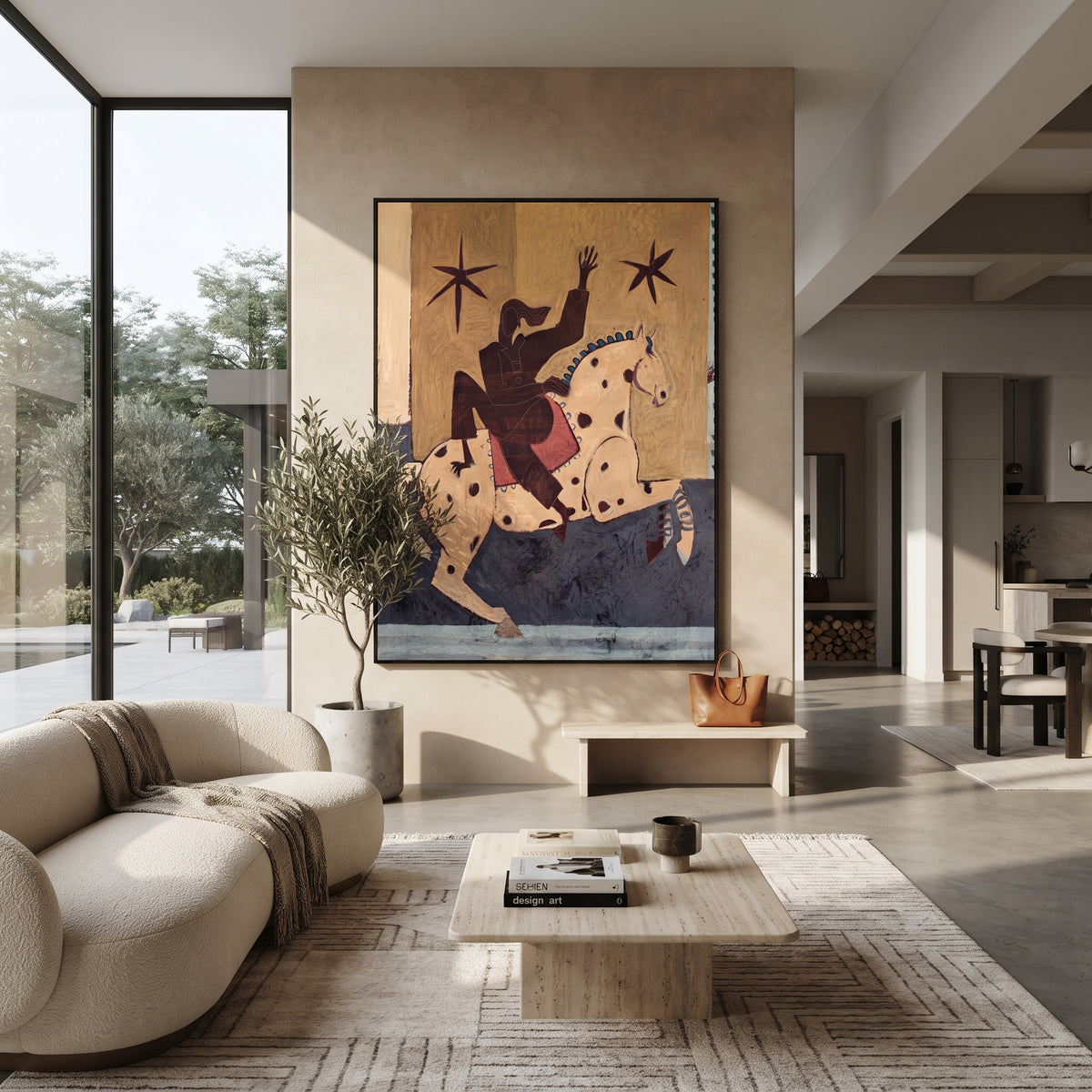 Stars Answer the Raised Hand - rider on spotted white horse painting, modern figurative vertical textured wall art - displayed along a bright hallway