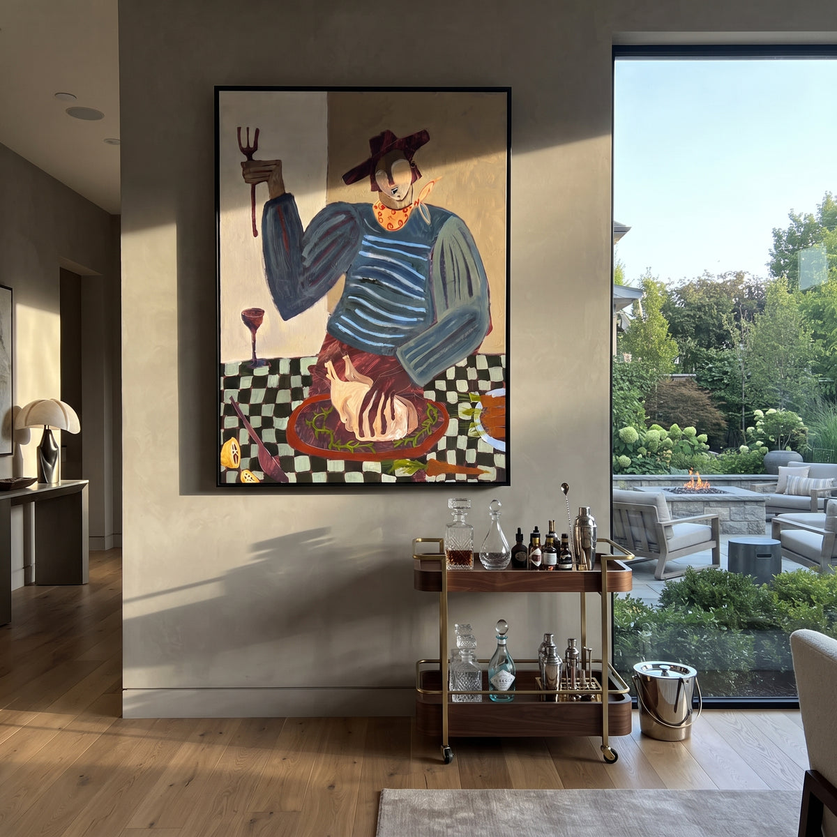 The Midnight Cook Keeps Time - striped chef preparing dinner painting, modern figurative vertical textured wall art - displayed beside a dining sideboard