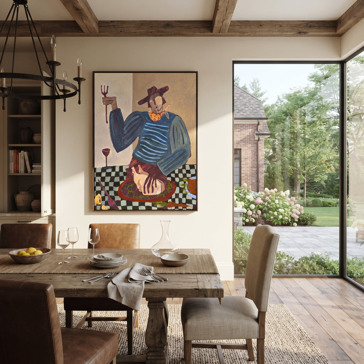 The Midnight Cook Keeps Time - striped chef preparing dinner painting, modern figurative vertical textured wall art - displayed along a boutique restaurant corridor