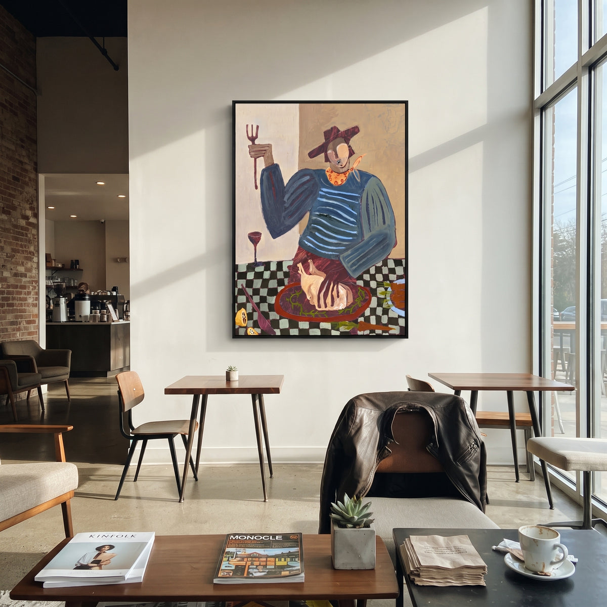 The Midnight Cook Keeps Time - striped chef preparing dinner painting, modern figurative vertical textured wall art - displayed above a narrow bar console