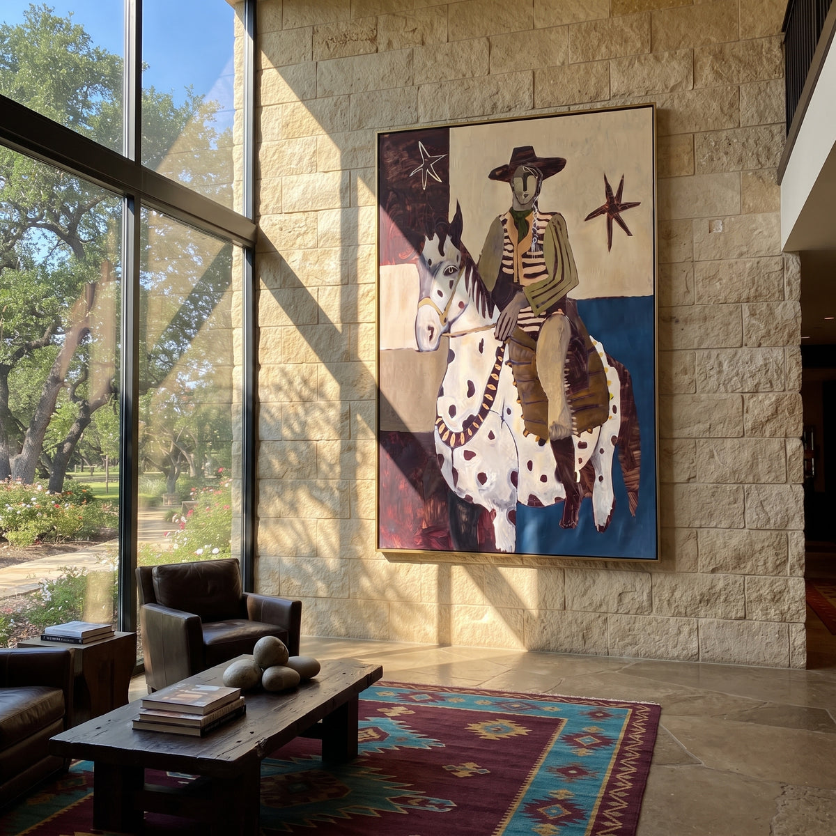 The Spotted Mare Holds Dawn - cowboy on white pinto horse painting, modern figurative vertical textured wall art - displayed in a tall living room