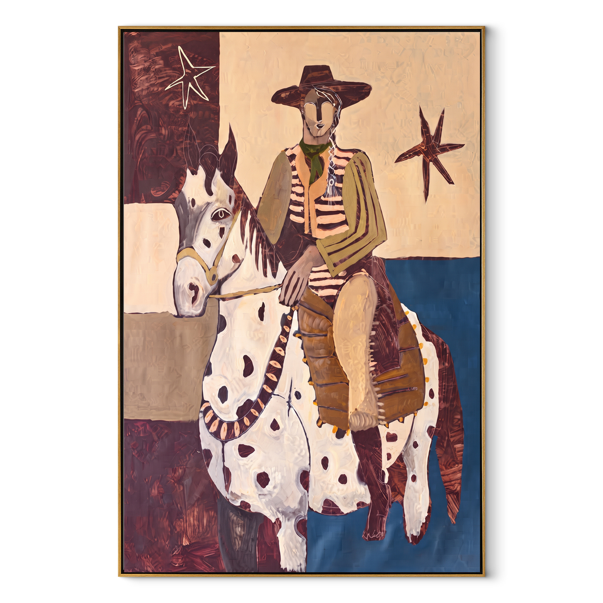 The Spotted Mare Holds Dawn - cowboy on white pinto horse painting, modern figurative vertical textured wall art - wood frame on white background