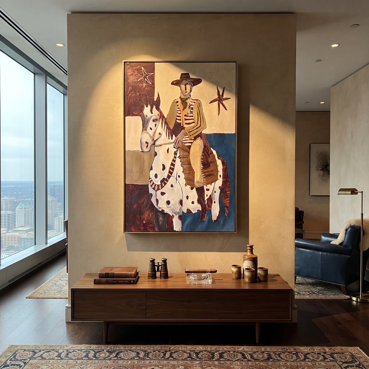 The Spotted Mare Holds Dawn - cowboy on white pinto horse painting, modern figurative vertical textured wall art - displayed above an entryway console